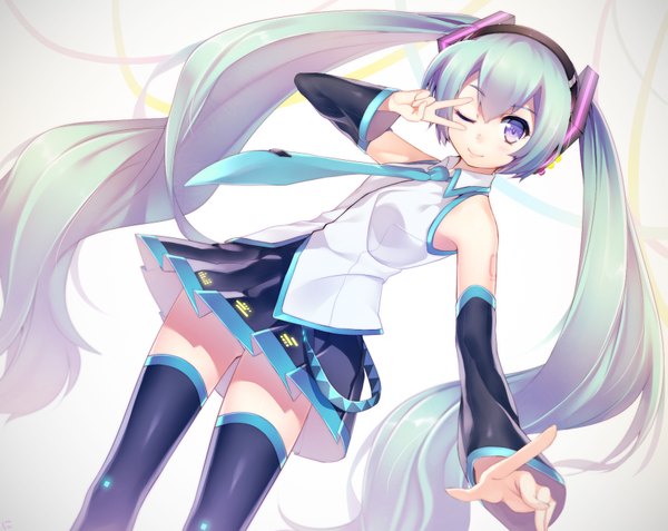 Anime picture 1743x1386 with vocaloid hatsune miku niwashi (yuyu) single looking at viewer highres blue eyes smile white background twintails very long hair one eye closed wink aqua hair girl skirt detached sleeves necktie