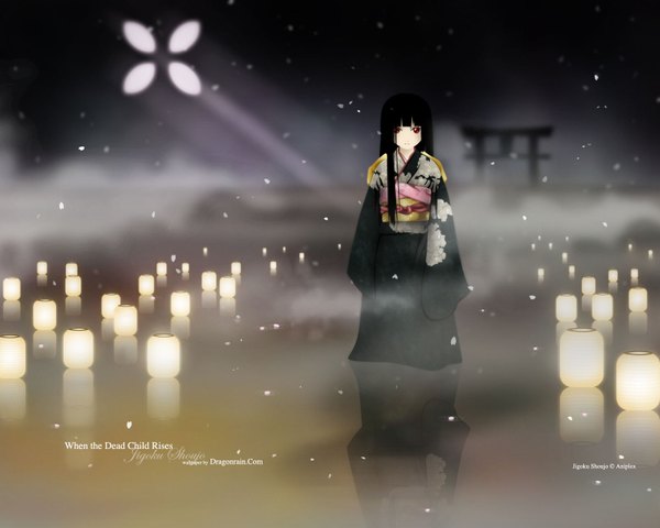 Anime picture 1600x1280 with hell girl studio deen enma ai dragonrain (sjade1) single long hair looking at viewer fringe black hair red eyes signed blunt bangs traditional clothes japanese clothes night reflection girl kimono obi torii