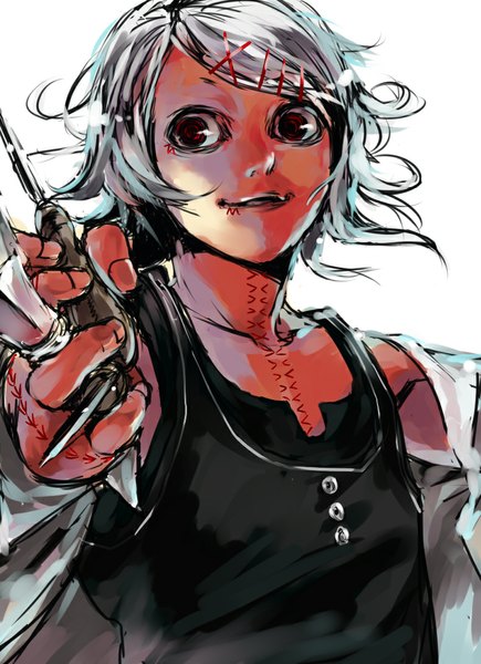 Anime picture 790x1090 with tokyo ghoul studio pierrot suzuya juuzou shiromi (ringo) single tall image fringe short hair simple background white background holding fingernails grey hair dual wielding crazy boy hair ornament bobby pin x hair ornament knife