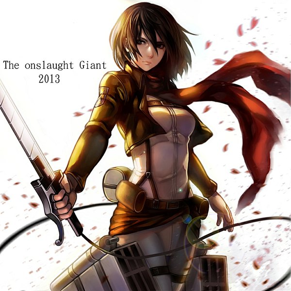 Anime picture 1024x1024 with shingeki no kyojin production i.g mikasa ackerman k.c single blush short hair black hair looking away open clothes open jacket girl weapon petals sword scarf pants red scarf