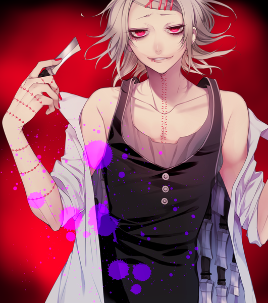 Anime picture 1533x1731 with tokyo ghoul studio pierrot suzuya juuzou xxxxxymdy single tall image looking at viewer short hair simple background smile bare shoulders nail polish pink eyes grey hair red background red nail polish boy hair ornament weapon bobby pin