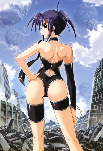 Anime picture 4087x5952 with mahou shoujo lyrical nanoha isis eaglet higa yukari single tall image highres light erotic yellow eyes absurdres purple hair ass from behind mouth hold back ruins girl building (buildings) planet