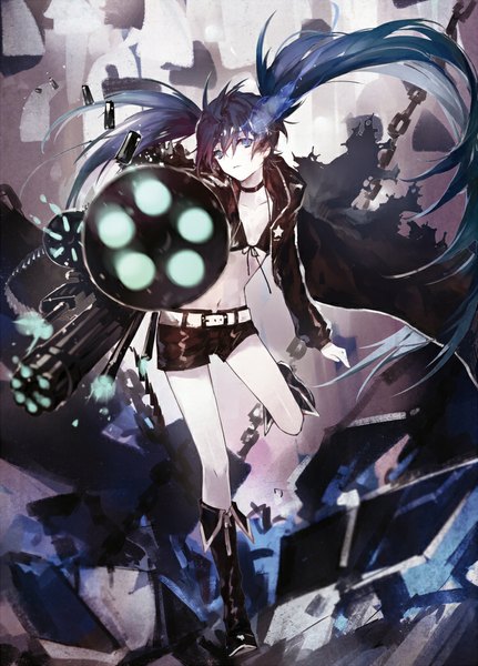 Anime picture 746x1039 with black rock shooter black rock shooter (character) w w w wloveless single long hair tall image looking at viewer blue eyes twintails blue hair glowing glowing eye (eyes) girl weapon shorts gun chain knee boots bikini top