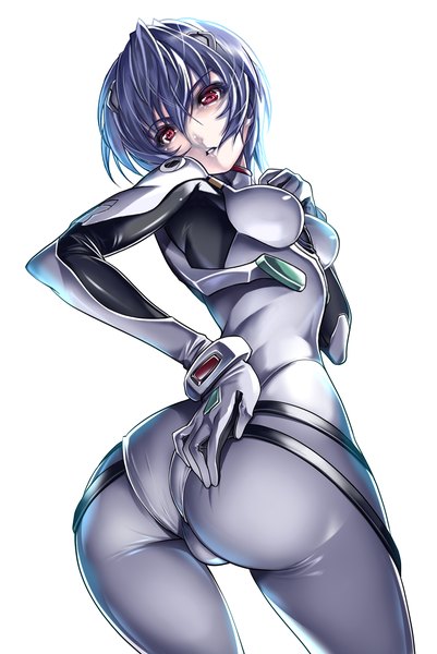 Anime picture 1083x1618 with neon genesis evangelion gainax ayanami rei saburou (hgmg) single tall image short hair light erotic simple background red eyes white background ass looking back grey hair girl pilot suit