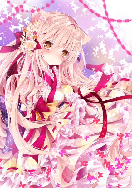 Anime picture 595x842 with original nanase kureha nanase nao single long hair tall image looking at viewer blush fringe breasts hair between eyes large breasts holding brown eyes animal ears pink hair traditional clothes japanese clothes hair flower cat ears