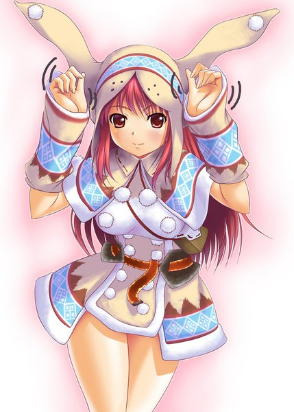 Anime picture 800x1119 with monster hunter lagombi (armor) single long hair tall image looking at viewer blush simple background red eyes animal ears red hair light smile bunny ears alternate costume girl detached sleeves belt winter clothes