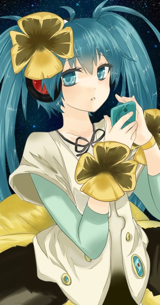 Anime picture 1181x2248 with vocaloid hatsune miku kuriguriko single tall image looking at viewer twintails very long hair aqua eyes aqua hair girl dress hair ornament headphones phone