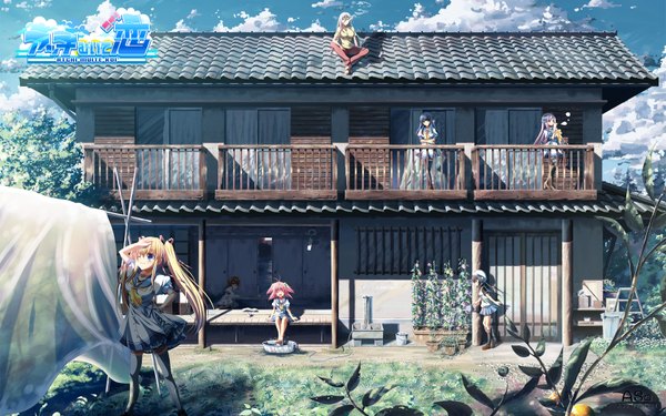 Anime picture 1680x1050 with asa project atchi muite koi (game) yuunagi seshina wide image multiple girls group 6+ girls 7 girls girl serafuku house roof