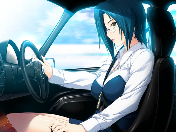 Anime picture 1024x768 with lovely x cation hibiki works kurokawa sera iizuki tasuku short hair green eyes blue hair game cg car interior girl glasses ground vehicle car