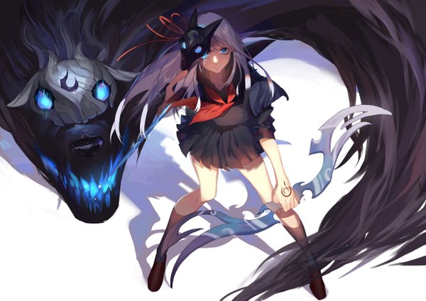 Anime picture 4960x3507 with league of legends kindred (league of legends) dj.adonis single long hair looking at viewer highres simple background smile white background holding absurdres full body bent knee (knees) white hair pleated skirt multicolored hair aqua eyes from above shadow