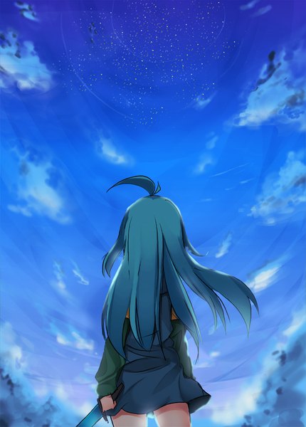 Anime picture 600x837 with original planol note mahcdai single long hair tall image standing holding sky cloud (clouds) ahoge from behind aqua hair midriff floating hair back girl dress weapon sword