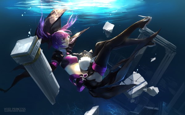 Anime picture 1323x827 with elsword aisha landar swd3e2 single long hair purple eyes twintails purple hair profile underwater girl gloves boots thigh boots
