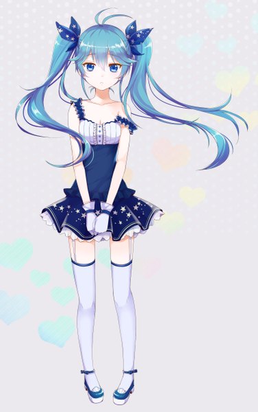 Anime picture 1506x2400 with vocaloid hatsune miku kobato neneko single long hair tall image looking at viewer blue eyes twintails blue hair girl thighhighs dress gloves bow hair bow white thighhighs