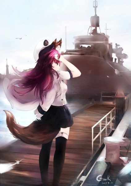 Anime picture 3507x4960 with fate (series) fate/extra tamamo (fate) (all) tamamo no mae (fate) mochigome (fatelly) single long hair tall image highres brown eyes signed animal ears looking away absurdres sky tail animal tail profile wind from behind