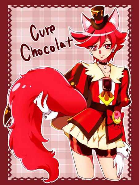 Anime picture 750x1000 with precure kirakira precure a la mode toei animation kenjou akira cure chocolat kagami chihiro single tall image fringe short hair smile hair between eyes red eyes holding animal ears looking away red hair tail animal tail character names