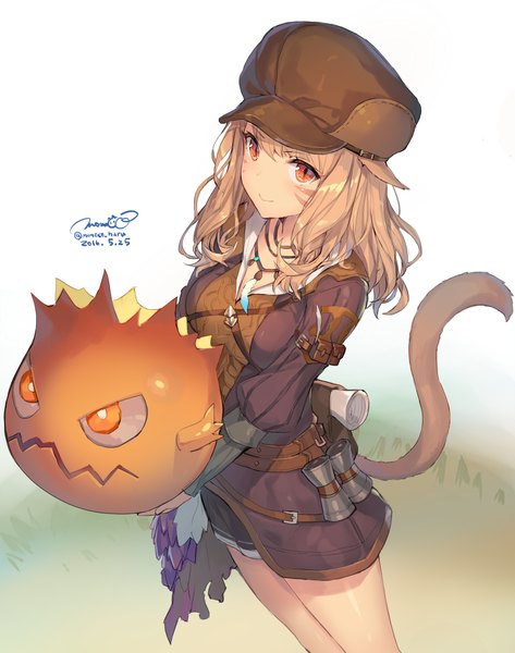 Anime picture 1000x1269 with final fantasy final fantasy xiv square enix miqo'te bomb (final fantasy) momoko (momopoco) single long hair tall image looking at viewer fringe breasts blonde hair smile hair between eyes standing holding signed animal ears looking away