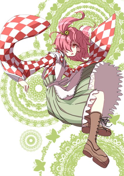 Anime picture 723x1024 with touhou motoori kosuzu kuroneko nero single tall image looking at viewer short hair open mouth red eyes red hair traditional clothes japanese clothes wide sleeves two side up jumping hair bell girl boots apron bell