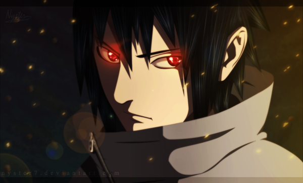 Anime picture 1339x812 with naruto studio pierrot naruto (series) uchiha sasuke nyster7 single short hair black hair red eyes wide image coloring light close-up face sharingan boy