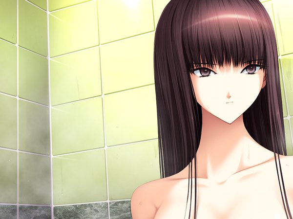Anime picture 1024x768 with ningen debris sonobe sora long hair brown hair brown eyes game cg girl bathroom