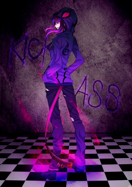 Anime picture 2026x2866 with original shinsou midna (artist) long hair tall image highres purple eyes purple hair profile inscription back glowing glowing eye (eyes) checkered floor hands in pockets girl hood pants wall clothes