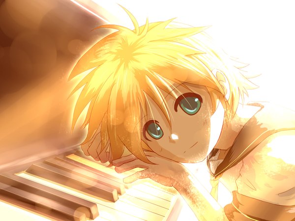 Anime picture 1600x1200 with vocaloid kagamine len hirobakar looking at viewer fringe short hair blonde hair hair between eyes green eyes light smile sunlight short sleeves leaning leaning forward sunbeam boy musical instrument sailor suit piano