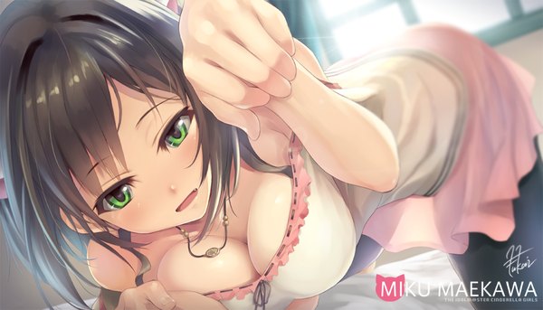 Anime picture 960x550 with idolmaster idolmaster cinderella girls maekawa miku fukai ryosuke single long hair looking at viewer blush open mouth light erotic brown hair wide image green eyes cleavage copyright name character names bent over girl skirt miniskirt