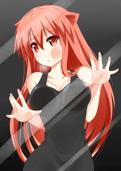 Anime picture 1500x2122 with original puni (miku plus) catstudioinc (punepuni) single long hair tall image looking at viewer blush highres breasts open mouth red eyes bare shoulders animal ears cleavage red hair cat ears lens flare black background breast press