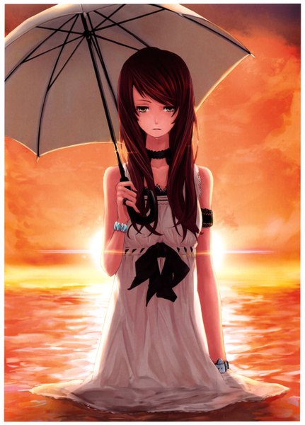 Anime picture 2196x3055 with original pixiv fantasia pixiv fantasia v pixiv girls collection 2011 mille (dieci) long hair tall image highres breasts brown hair yellow eyes wet tears crying sad dress bow water bracelet umbrella