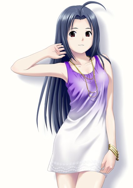 Anime picture 850x1200 with idolmaster miura azusa ponnetsu single long hair tall image looking at viewer simple background red eyes white background blue hair ahoge girl dress bracelet pendant