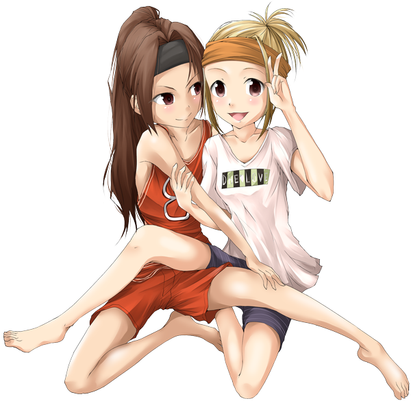 Anime picture 1692x1652 with solru (tyappygain) long hair blush short hair open mouth brown hair multiple girls brown eyes ponytail barefoot legs transparent background girl uniform 2 girls shorts gym uniform