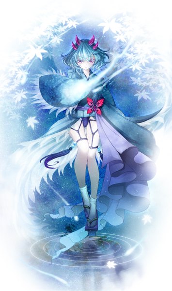 Anime picture 800x1350 with original rinko (mg54) single tall image looking at viewer short hair purple eyes blue hair horn (horns) girl dress socks leaf (leaves) white socks
