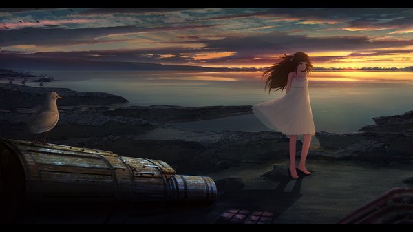 Anime picture 1600x900 with original aya (star) single long hair looking at viewer brown hair wide image green eyes sky cloud (clouds) barefoot wind evening hands behind back scenic revision lake twilight girl dress