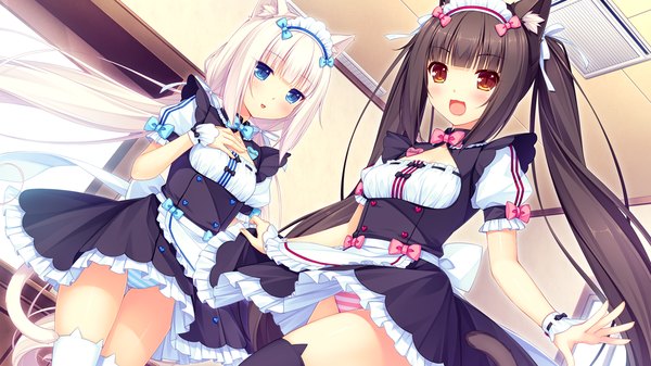 Anime picture 1280x720 with neko paradise neko works (studio) vanilla (nekopara) chocola (nekopara) sayori long hair blush fringe blue eyes light erotic black hair wide image twintails multiple girls brown eyes animal ears pink hair cleavage tail animal tail