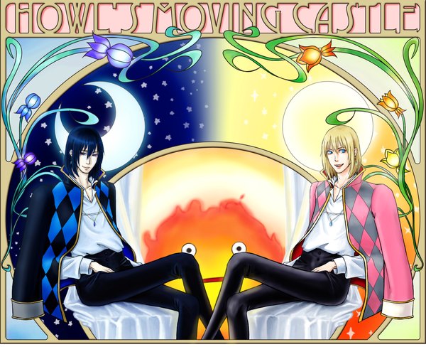 Anime picture 2132x1735 with howl's moving castle studio ghibli howl calcifer looking at viewer fringe highres blue eyes blonde hair smile sitting blue hair looking away light smile night open clothes open jacket multiple boys crossed legs reflection