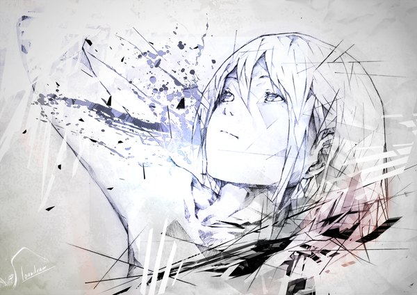 Anime picture 2000x1414 with original loundraw single highres signed white hair grey background grey eyes monochrome looking up girl splashes