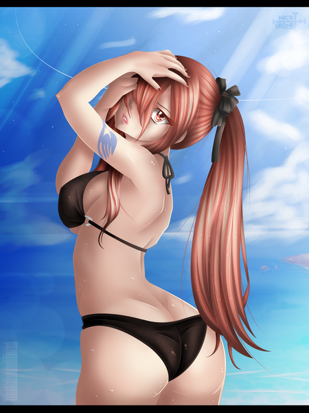 Anime picture 2083x2778 with fairy tail erza scarlet nickleon5 single long hair tall image fringe highres breasts light erotic red eyes large breasts sky cloud (clouds) ponytail red hair nail polish looking back lips sunlight