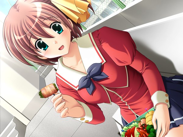 Anime picture 1600x1200 with blush short hair smile brown hair skirt ribbon (ribbons) serafuku food koiq