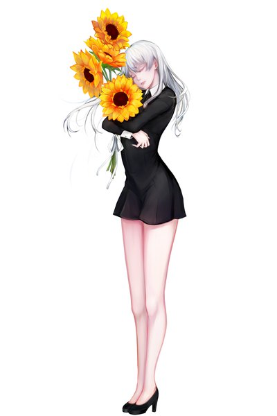 Anime picture 3200x4800 with original early type single long hair tall image highres simple background white background absurdres white hair eyes closed girl dress flower (flowers) black dress sunflower