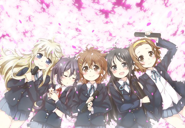 Anime picture 3444x2384 with k-on! kyoto animation akiyama mio hirasawa yui nakano azusa kotobuki tsumugi tainaka ritsu long hair highres short hair blue eyes black hair blonde hair brown hair multiple girls brown eyes absurdres cherry blossoms group graduation