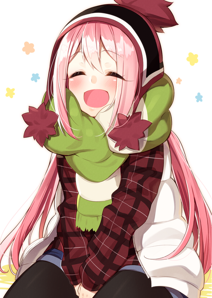 Anime picture 1191x1670 with yurucamp kagamihara nadeshiko sakuragi ren single long hair tall image blush fringe open mouth hair between eyes white background sitting payot pink hair eyes closed :d happy plaid between thighs girl