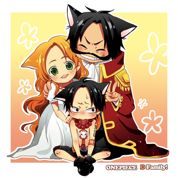 Anime picture 1500x1500 with one piece toei animation portgas d. ace gol d roger portgas d rouge ance long hair looking at viewer blush short hair open mouth black hair smile sitting green eyes animal ears eyes closed cat ears orange hair tattoo
