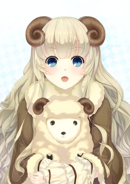 Anime picture 853x1204 with original coffee1223 single long hair tall image looking at viewer open mouth blue eyes white hair horn (horns) girl toy stuffed animal stuffed toy