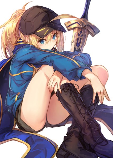 Anime picture 1066x1491 with fate (series) fate/grand order artoria pendragon (all) mysterious heroine x (fate) fal maro single long hair tall image blue eyes light erotic blonde hair sitting leaning leaning forward crossed legs girl weapon sword shorts short shorts