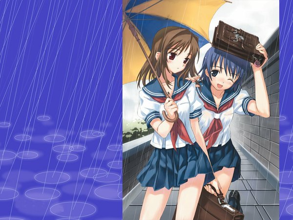 Anime picture 1024x768 with rain uniform school uniform umbrella tagme