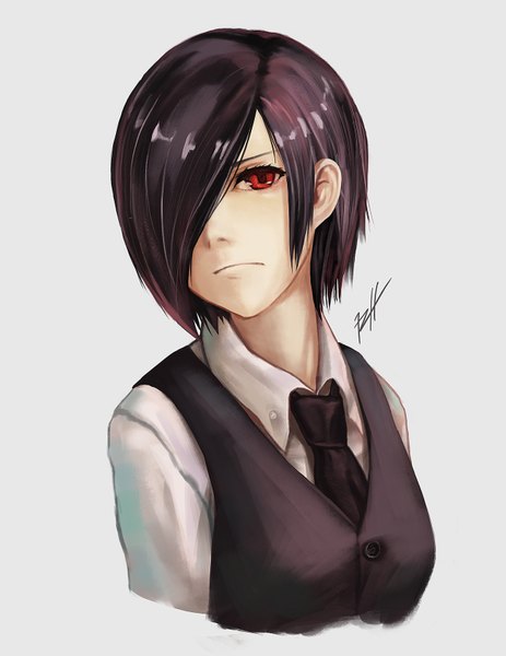 Anime picture 1300x1682 with tokyo ghoul studio pierrot kirishima touka ranh single tall image looking at viewer fringe short hair black hair simple background red eyes signed hair over one eye grey background girl shirt necktie vest