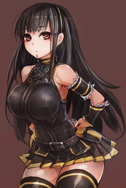 Anime picture 1075x1600 with beatmania beatmania iidx hinazuki ririna taishi (picchiridou) single long hair tall image looking at viewer breasts light erotic black hair simple background red eyes large breasts standing bare shoulders brown eyes hand on hip facial mark girl