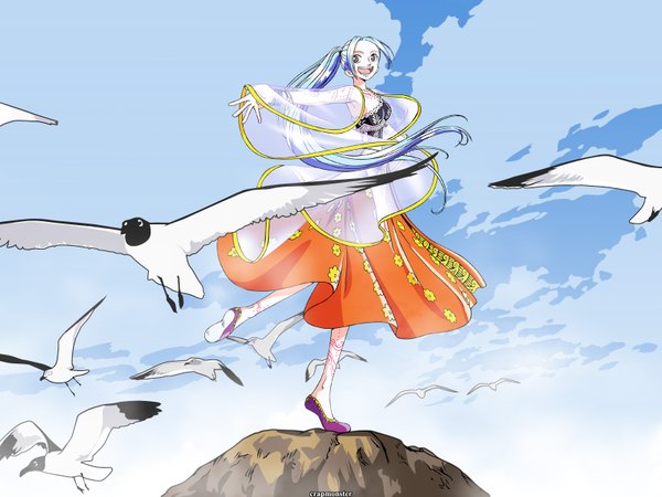 Anime picture 1600x1200 with one piece toei animation nefertari vivi single long hair open mouth smile standing payot blue hair sky cloud (clouds) full body ponytail traditional clothes outstretched arm standing on one leg girl animal shoes