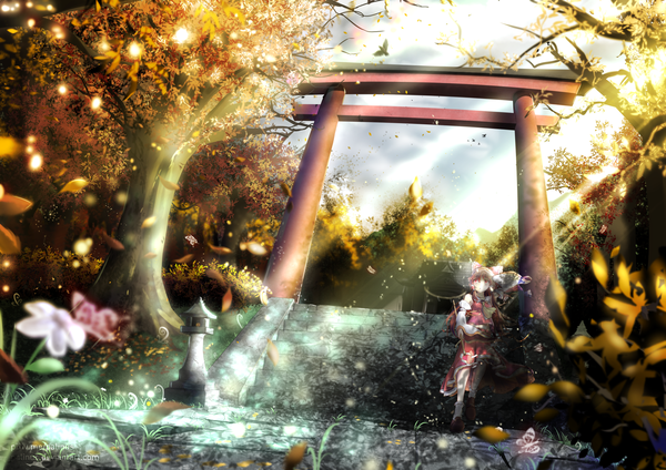 Anime picture 1736x1228 with touhou hakurei reimu palinus single long hair highres breasts brown hair wind sunlight blurry from below lens flare glowing watermark sunbeam nature girl flower (flowers) bow