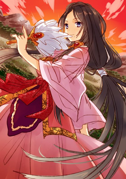 Anime picture 620x877 with magi the labyrinth of magic a-1 pictures ren hakuei izumi minami single tall image looking at viewer black hair standing purple eyes holding payot sky very long hair traditional clothes mole wide sleeves chinese clothes low ponytail mountain