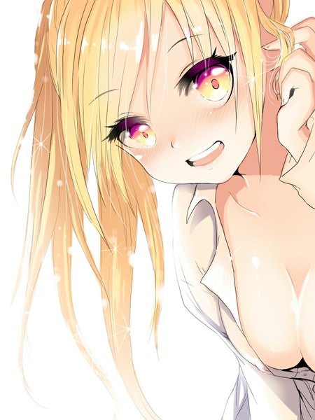Anime picture 750x1000 with pangya spika (pangya) mosho single long hair tall image looking at viewer blush fringe breasts open mouth light erotic simple background blonde hair smile white background teeth multicolored eyes girl shirt